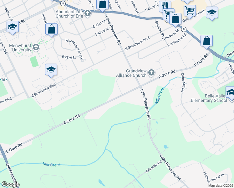 map of restaurants, bars, coffee shops, grocery stores, and more near 826 E Gore Rd in Erie