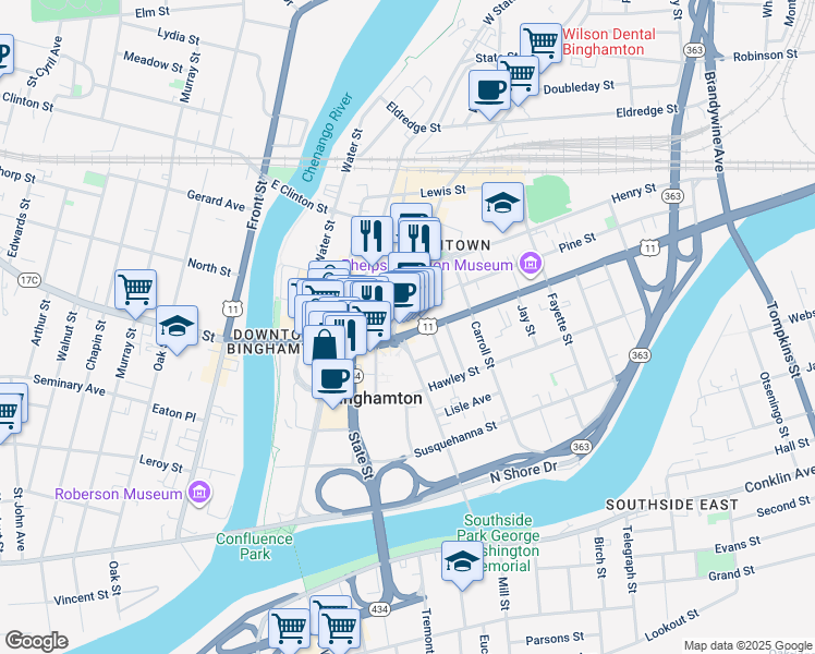 map of restaurants, bars, coffee shops, grocery stores, and more near 99 Court Street in Binghamton