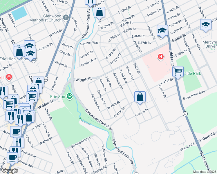 map of restaurants, bars, coffee shops, grocery stores, and more near 3846 Myrtle Street in Erie