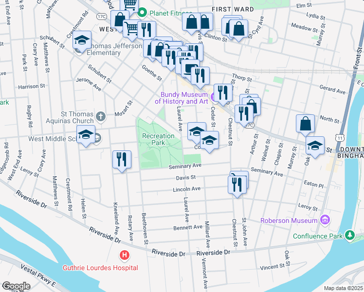 map of restaurants, bars, coffee shops, grocery stores, and more near 100 Laurel Avenue in Binghamton