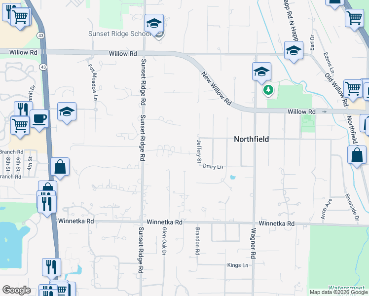 map of restaurants, bars, coffee shops, grocery stores, and more near 2207 Drury Lane in Northfield