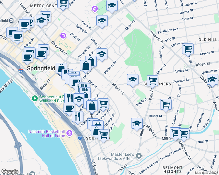 map of restaurants, bars, coffee shops, grocery stores, and more near 120 Central Street in Springfield