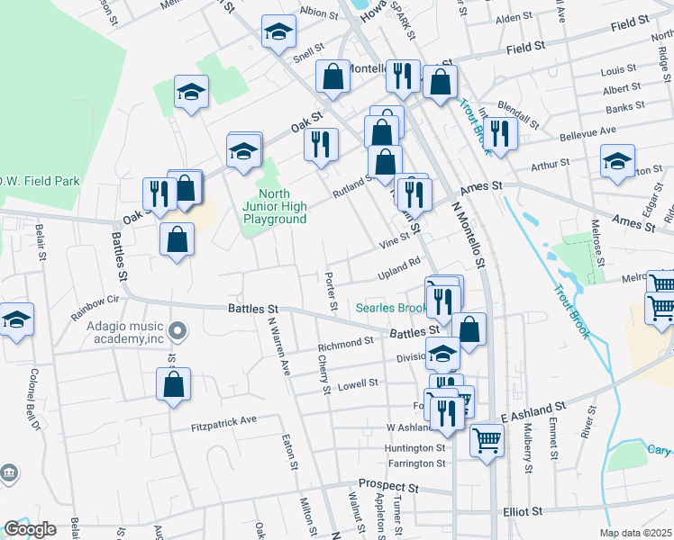map of restaurants, bars, coffee shops, grocery stores, and more near 41 Porter Street in Brockton