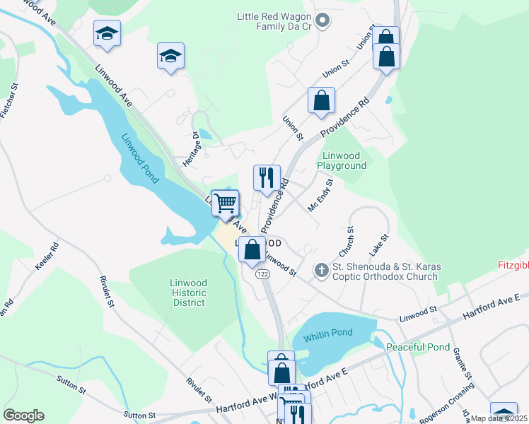 map of restaurants, bars, coffee shops, grocery stores, and more near 63 Providence Road in Northbridge