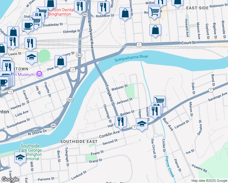 map of restaurants, bars, coffee shops, grocery stores, and more near in Binghamton