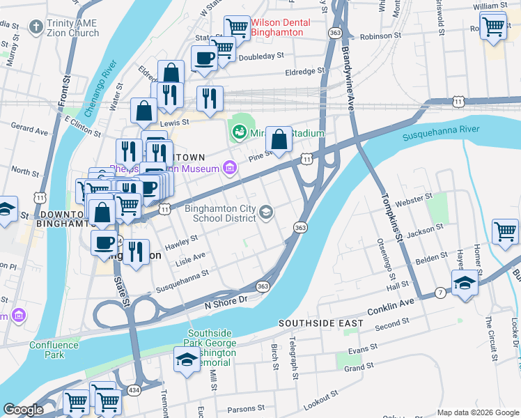 map of restaurants, bars, coffee shops, grocery stores, and more near 180A Hawley Street in Binghamton