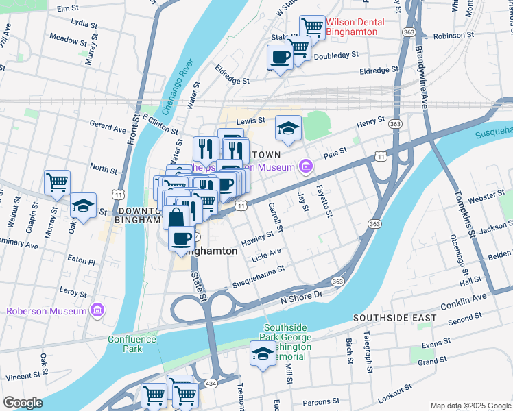 map of restaurants, bars, coffee shops, grocery stores, and more near 126 Court Street in Binghamton