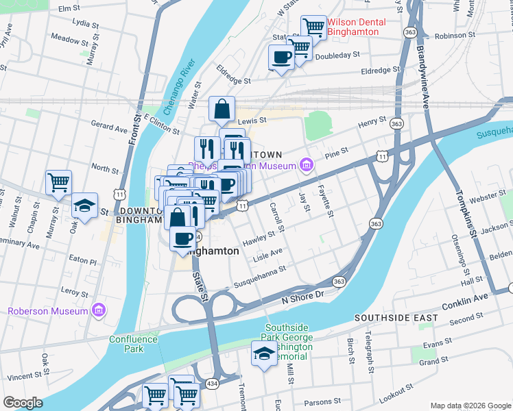 map of restaurants, bars, coffee shops, grocery stores, and more near 126 Court Street in Binghamton