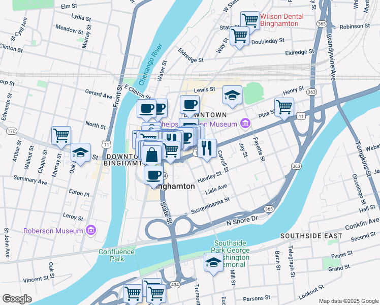 map of restaurants, bars, coffee shops, grocery stores, and more near 97 Court Street in Binghamton