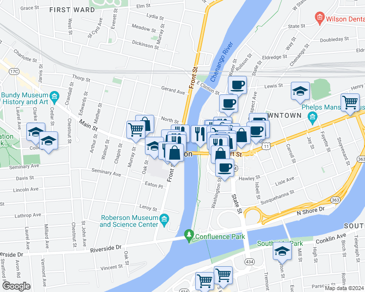 map of restaurants, bars, coffee shops, grocery stores, and more near 2 Main Street in Binghamton