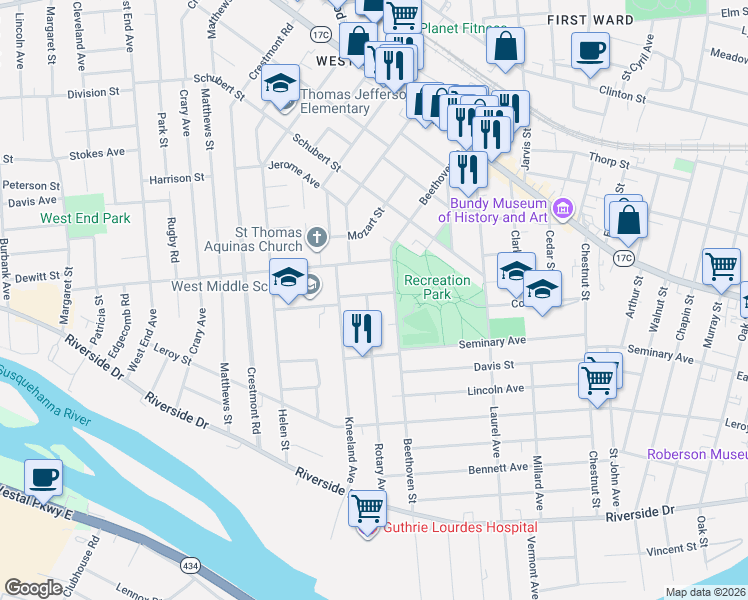 map of restaurants, bars, coffee shops, grocery stores, and more near 88 Rotary Avenue in Binghamton