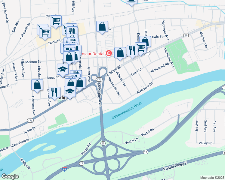 map of restaurants, bars, coffee shops, grocery stores, and more near 407 McKinley Avenue in Endicott