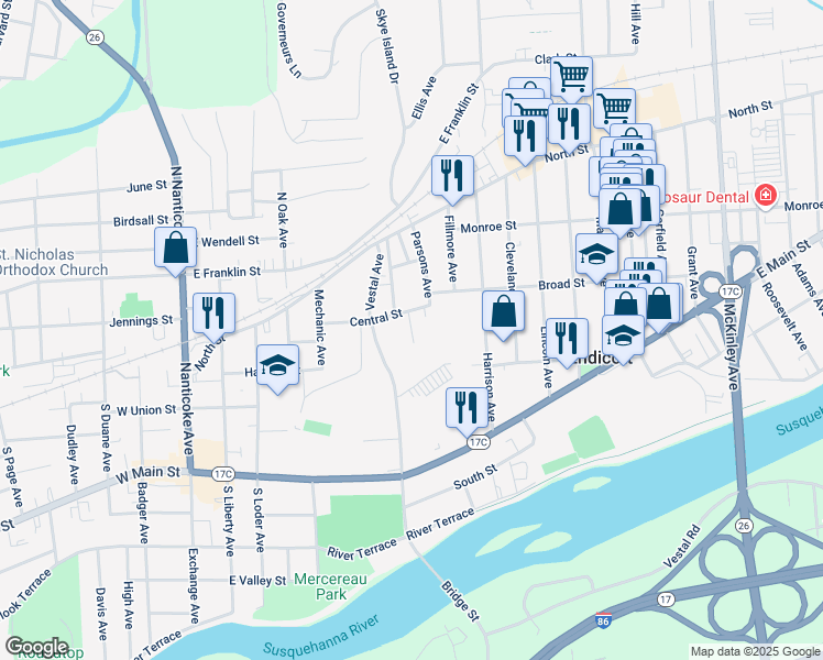 map of restaurants, bars, coffee shops, grocery stores, and more near 530 Central Street in Endicott