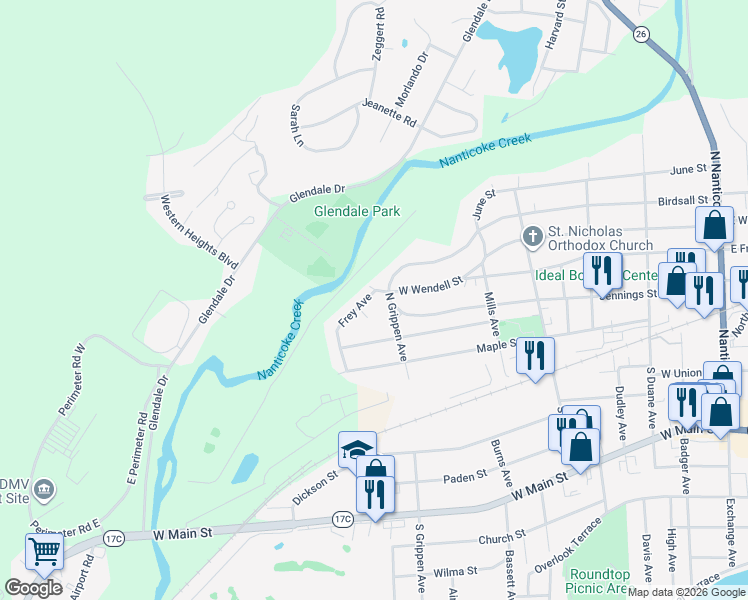 map of restaurants, bars, coffee shops, grocery stores, and more near 207 North Grippen Avenue in Endicott