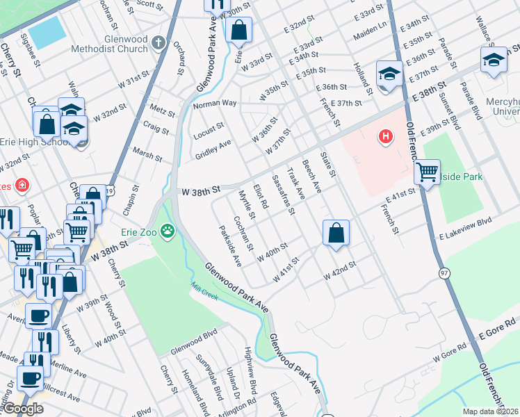 map of restaurants, bars, coffee shops, grocery stores, and more near 3846 Myrtle Street in Erie