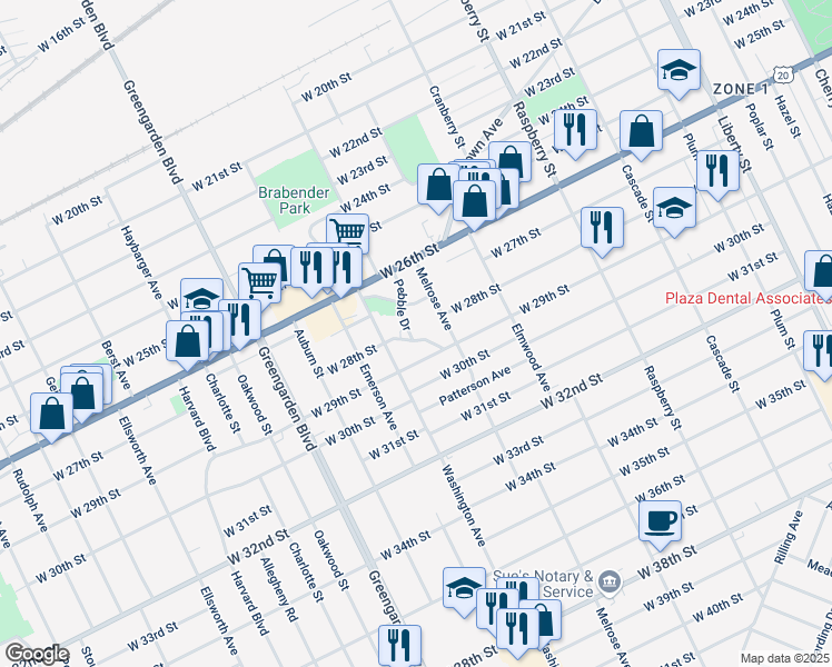 map of restaurants, bars, coffee shops, grocery stores, and more near 1418 West 29th Street in Erie