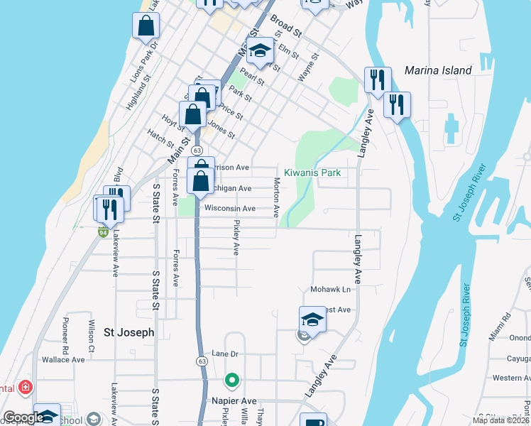 map of restaurants, bars, coffee shops, grocery stores, and more near 948 Wisconsin Avenue in St. Joseph