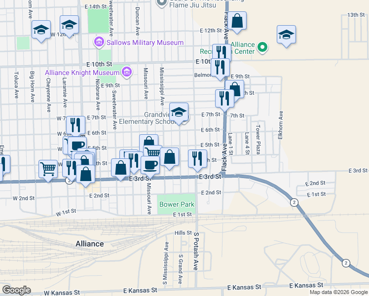 map of restaurants, bars, coffee shops, grocery stores, and more near 420 Grand Avenue in Alliance