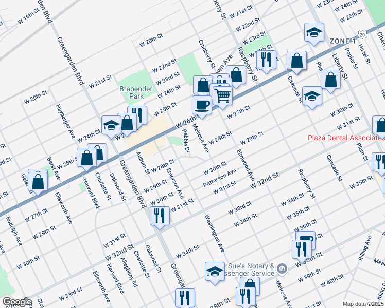 map of restaurants, bars, coffee shops, grocery stores, and more near 1418 West 29th Street in Erie