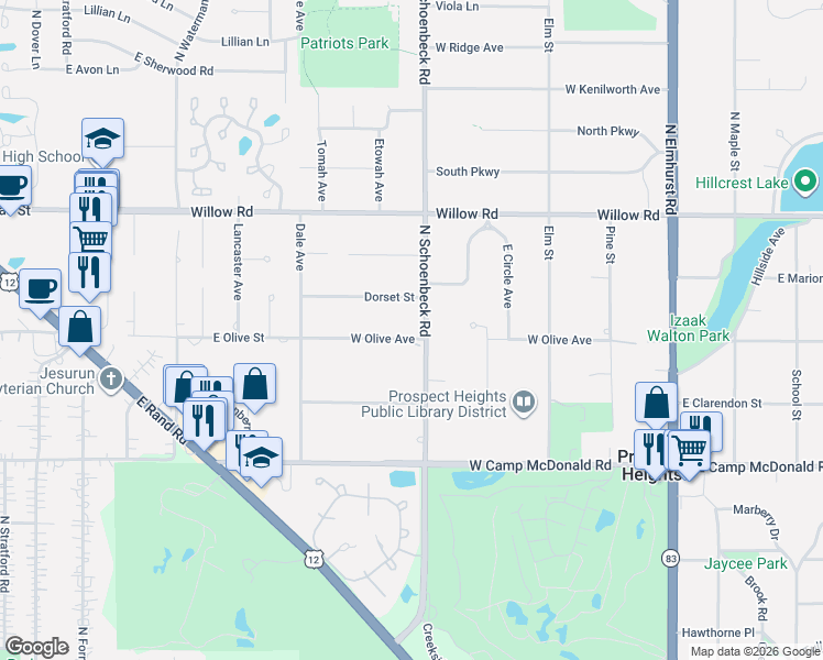 map of restaurants, bars, coffee shops, grocery stores, and more near 400 West Olive Avenue in Prospect Heights