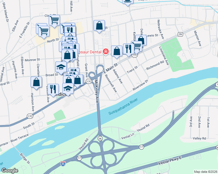 map of restaurants, bars, coffee shops, grocery stores, and more near 407 McKinley Avenue in Endicott