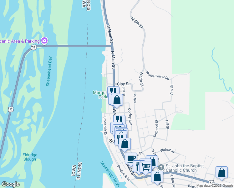 map of restaurants, bars, coffee shops, grocery stores, and more near 828 Main Street in Savanna