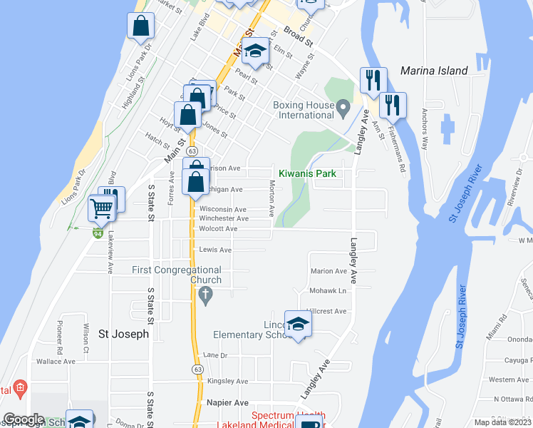 map of restaurants, bars, coffee shops, grocery stores, and more near 948 Wisconsin Avenue in Saint Joseph
