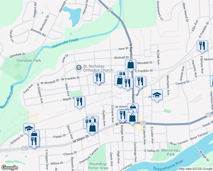 map of restaurants, bars, coffee shops, grocery stores, and more near 308 Jennings Street in Endicott