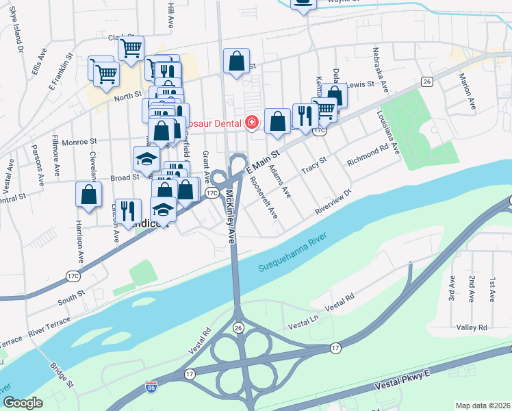 map of restaurants, bars, coffee shops, grocery stores, and more near 1606 Tracy Street in Endicott