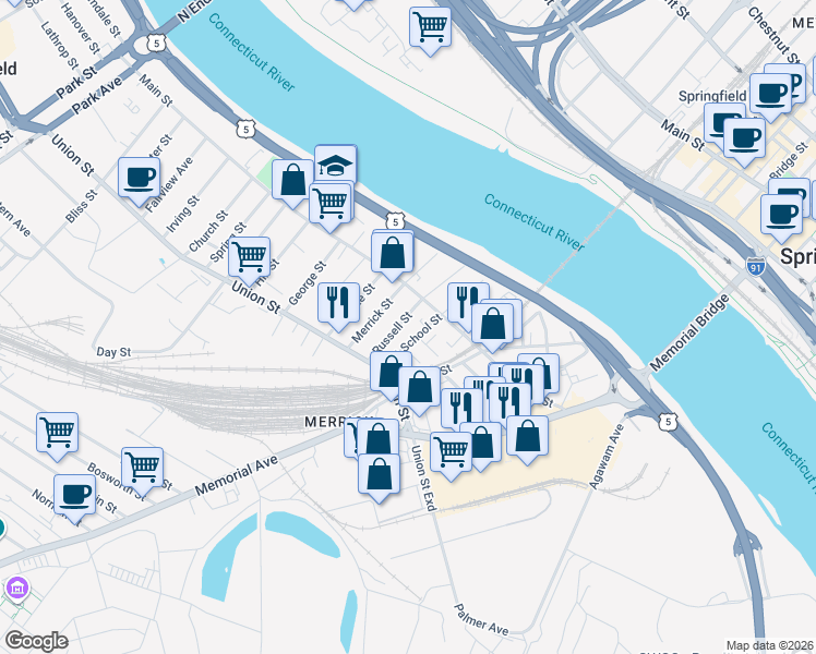 map of restaurants, bars, coffee shops, grocery stores, and more near 36-38 West School Street in West Springfield