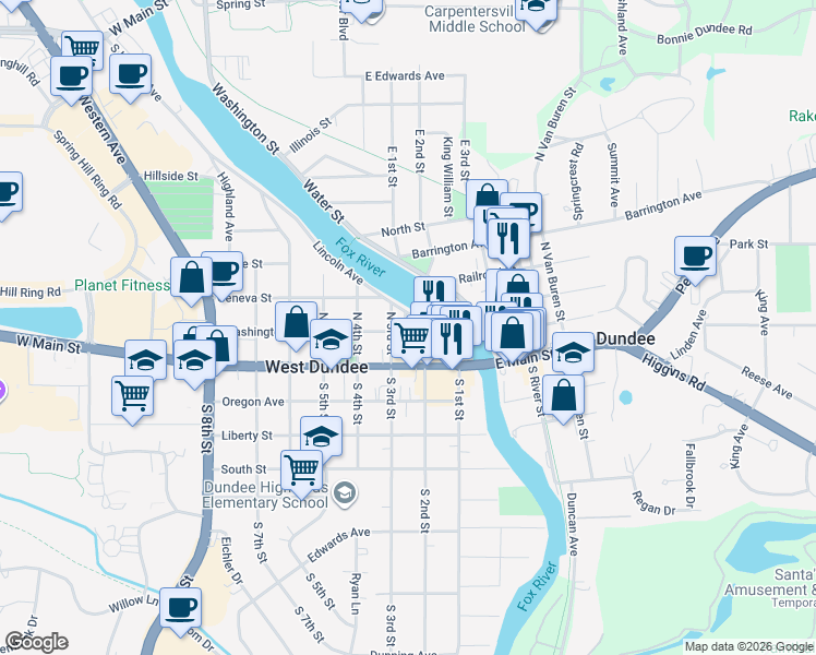 map of restaurants, bars, coffee shops, grocery stores, and more near 210 Washington Street in West Dundee
