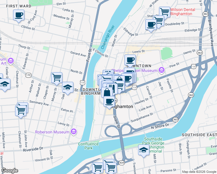 map of restaurants, bars, coffee shops, grocery stores, and more near 159 Washington Street in Binghamton