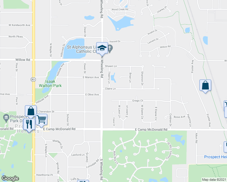 map of restaurants, bars, coffee shops, grocery stores, and more near 407 Claire Lane in Prospect Heights