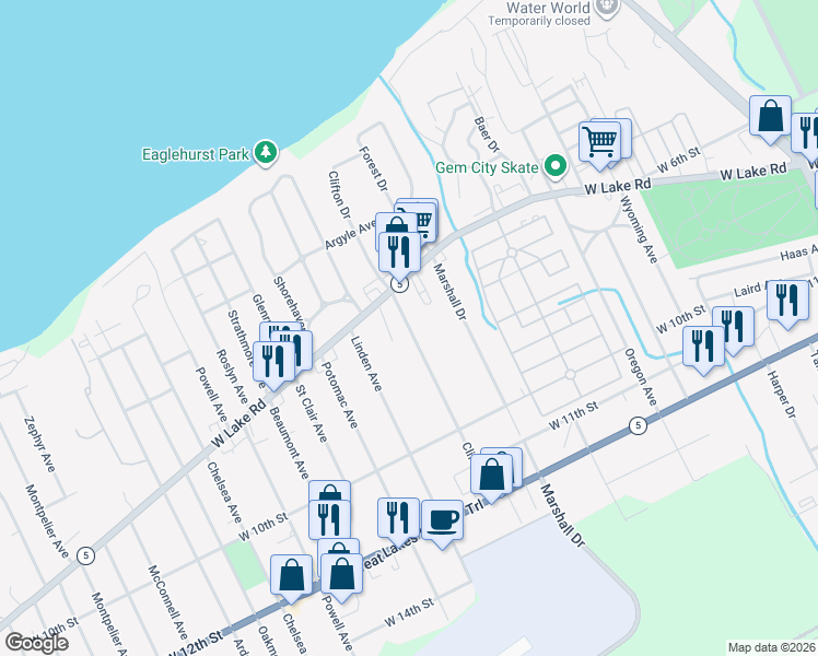 map of restaurants, bars, coffee shops, grocery stores, and more near Clifton Drive in Erie
