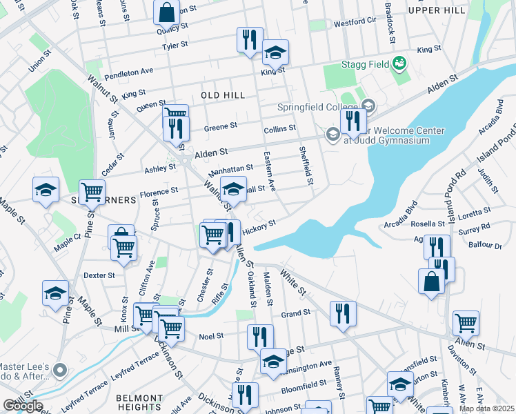 map of restaurants, bars, coffee shops, grocery stores, and more near 73-75 Melrose Street in Springfield