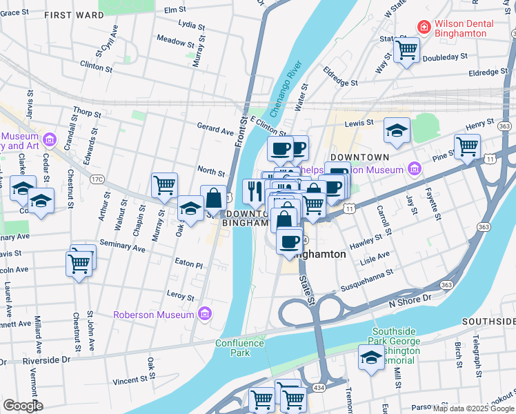 map of restaurants, bars, coffee shops, grocery stores, and more near 11 Court Street in Binghamton