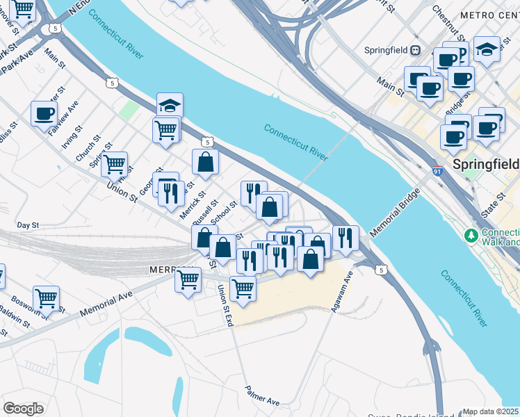 map of restaurants, bars, coffee shops, grocery stores, and more near 13 Chapin Street in West Springfield