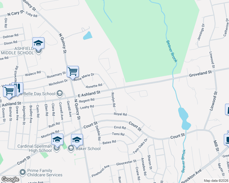 map of restaurants, bars, coffee shops, grocery stores, and more near 57 Roslyn Road in Brockton