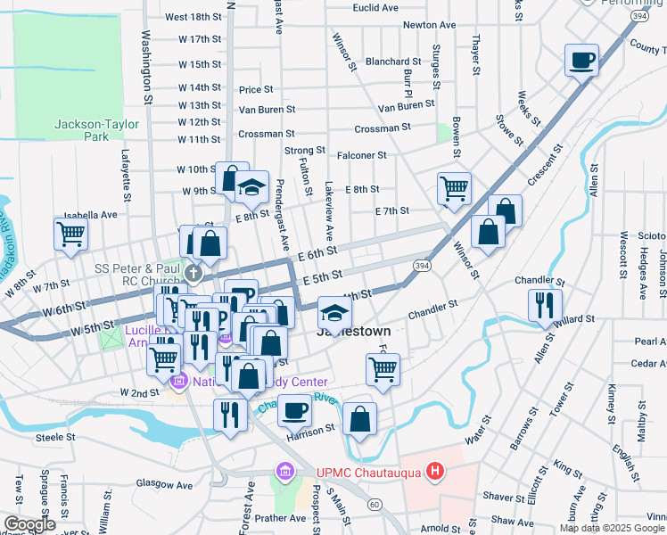 map of restaurants, bars, coffee shops, grocery stores, and more near 334 East 5th Street in Jamestown