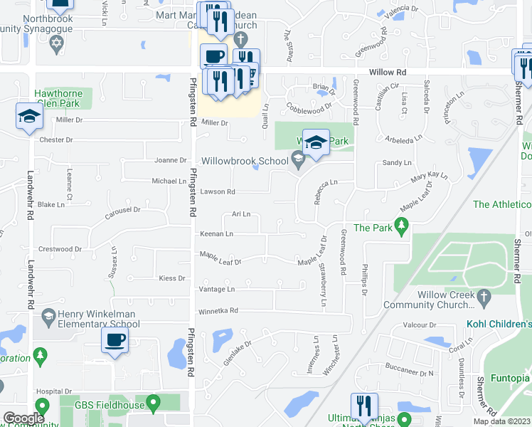 map of restaurants, bars, coffee shops, grocery stores, and more near 2414 Halina Drive in Glenview