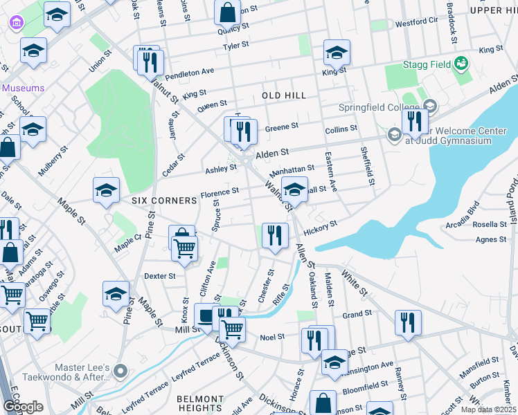 map of restaurants, bars, coffee shops, grocery stores, and more near 367 Hancock Street in Springfield