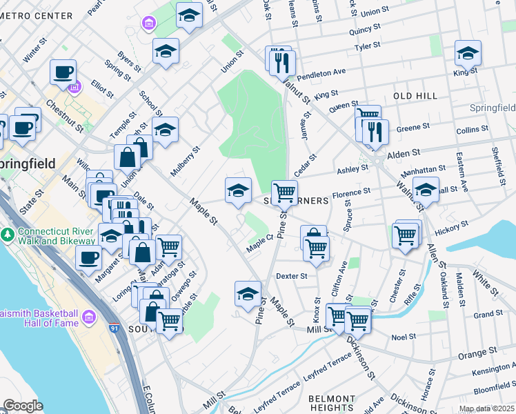 map of restaurants, bars, coffee shops, grocery stores, and more near 255 Central Street in Springfield