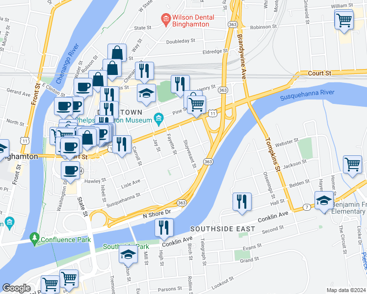 map of restaurants, bars, coffee shops, grocery stores, and more near 180A Hawley Street in Binghamton