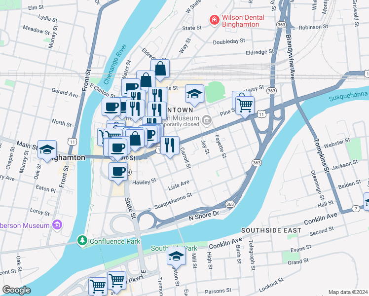 map of restaurants, bars, coffee shops, grocery stores, and more near 74 Carroll Street in Binghamton