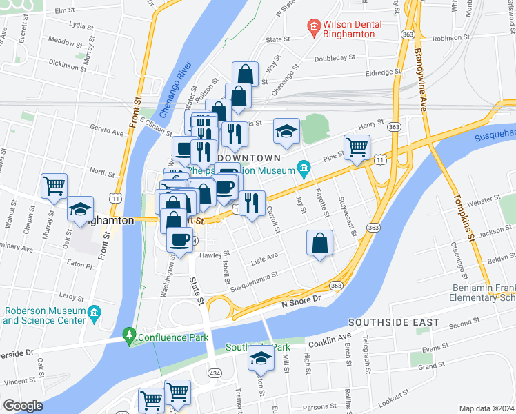 map of restaurants, bars, coffee shops, grocery stores, and more near 126 Court Street in Binghamton