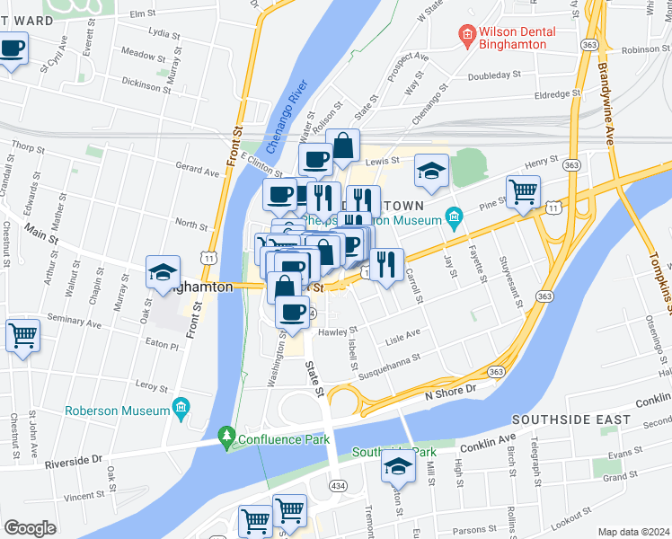 map of restaurants, bars, coffee shops, grocery stores, and more near 97 Court Street in Binghamton