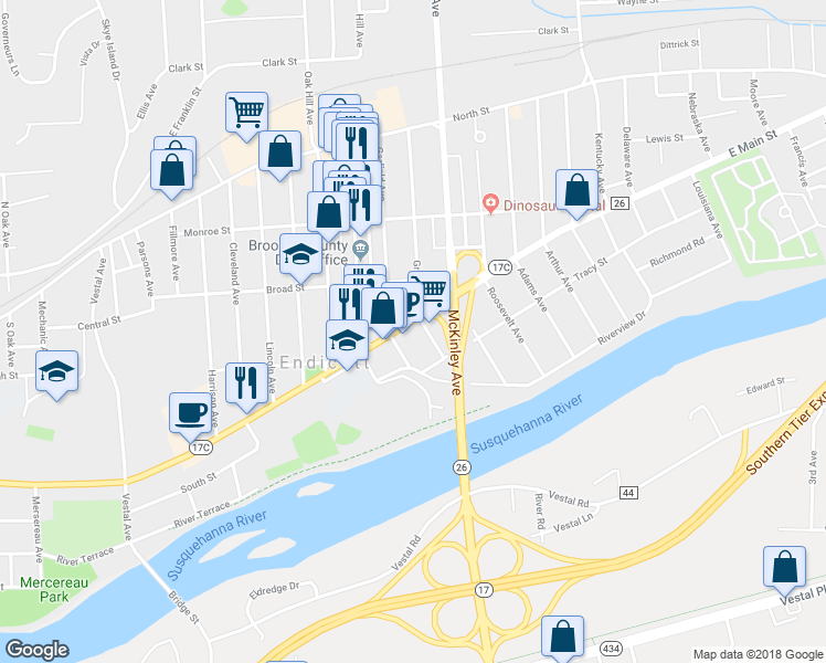 map of restaurants, bars, coffee shops, grocery stores, and more near 310 Grant Avenue in Endicott