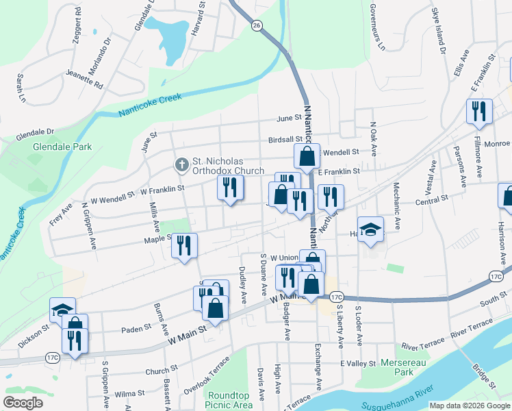 map of restaurants, bars, coffee shops, grocery stores, and more near 308 Jennings Street in Endicott