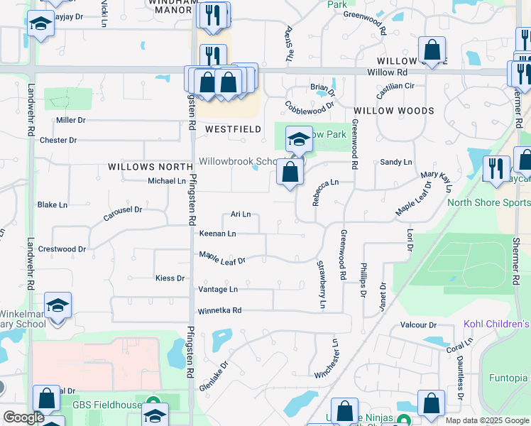 map of restaurants, bars, coffee shops, grocery stores, and more near 2414 Halina Drive in Glenview