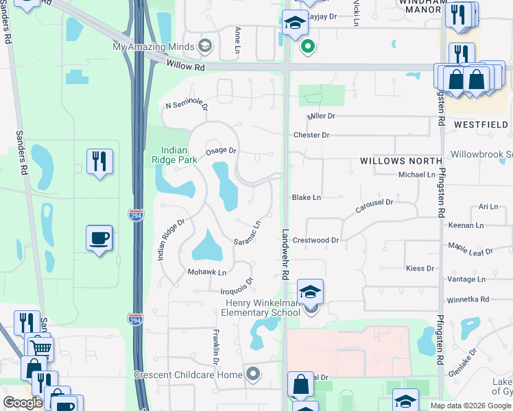 map of restaurants, bars, coffee shops, grocery stores, and more near 2551 Indian Ridge Court in Glenview